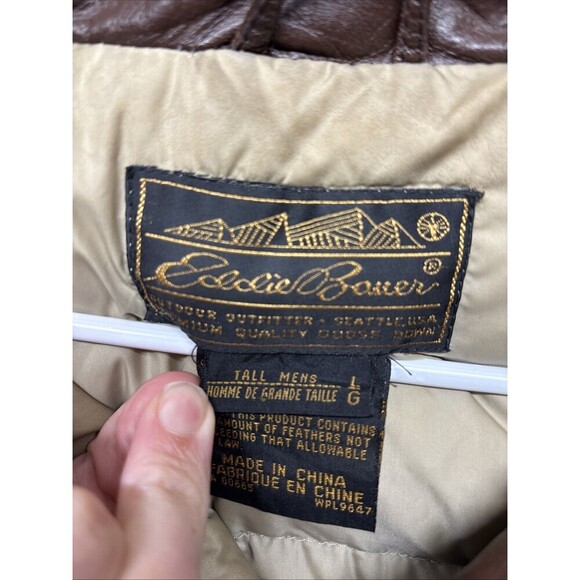 EDDIE BAUER Vintage Leather Jacket Goose Down Lined Men's Sz L Tall Brown Bomber - Picture 3 of 8